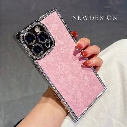 【スクエアシリーズ】大理石風 シェルパール キラキラビジュー スマホケース｜iPhone対応 #250817