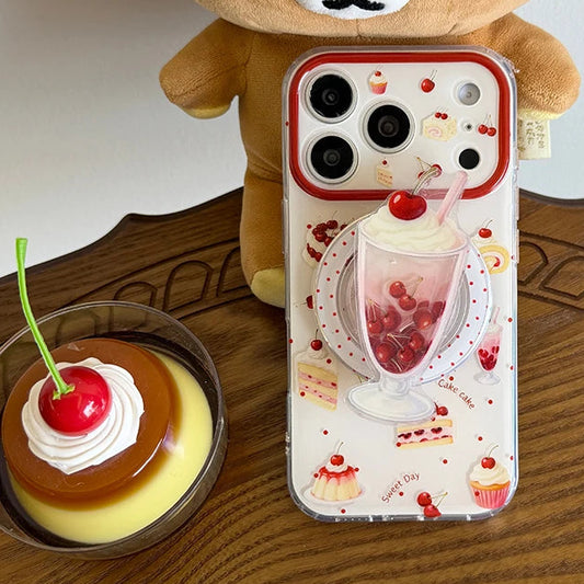チェリーサンデー パフェ Magnet内蔵 グリップ付き クリア iPhoneケース #240119
