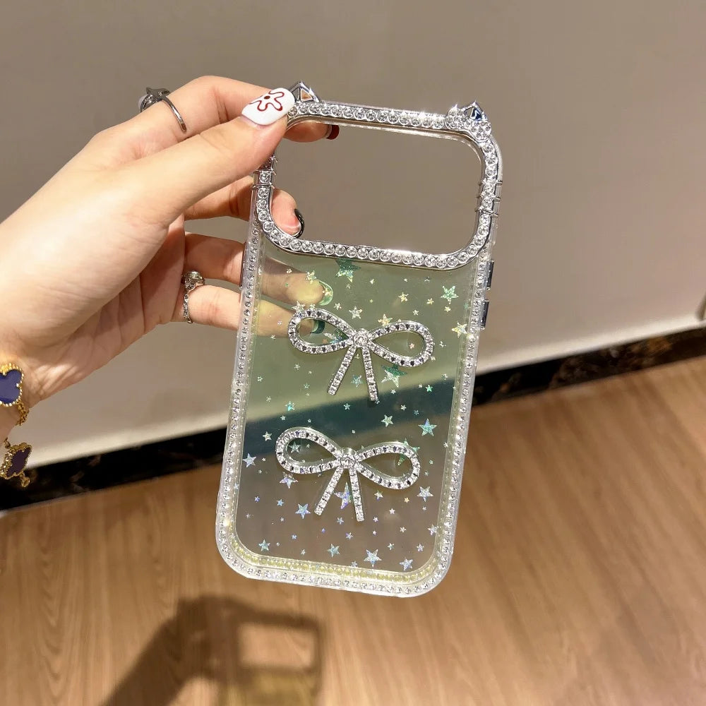 【猫耳シリーズ】ストーン付きリボン ラメデザイン キラキラスマホケース｜iPhone対応 #251203