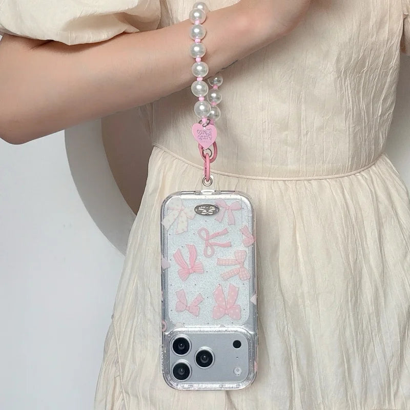 【リボンモチーフ】 クリア iPhoneケース 水玉模様 蝶結び付き ソフトシェル｜パールストラップ・淡色デザイン #230907