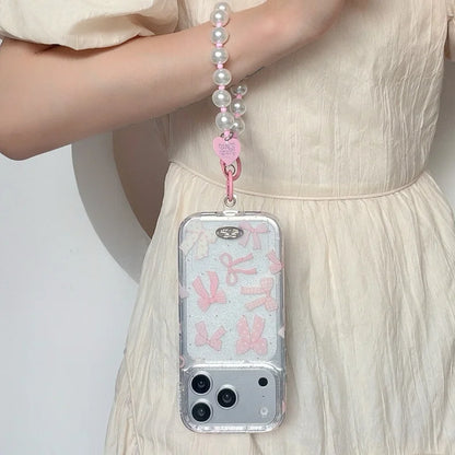 【リボンモチーフ】 クリア iPhoneケース 水玉模様 蝶結び付き ソフトシェル｜パールストラップ・淡色デザイン #230907