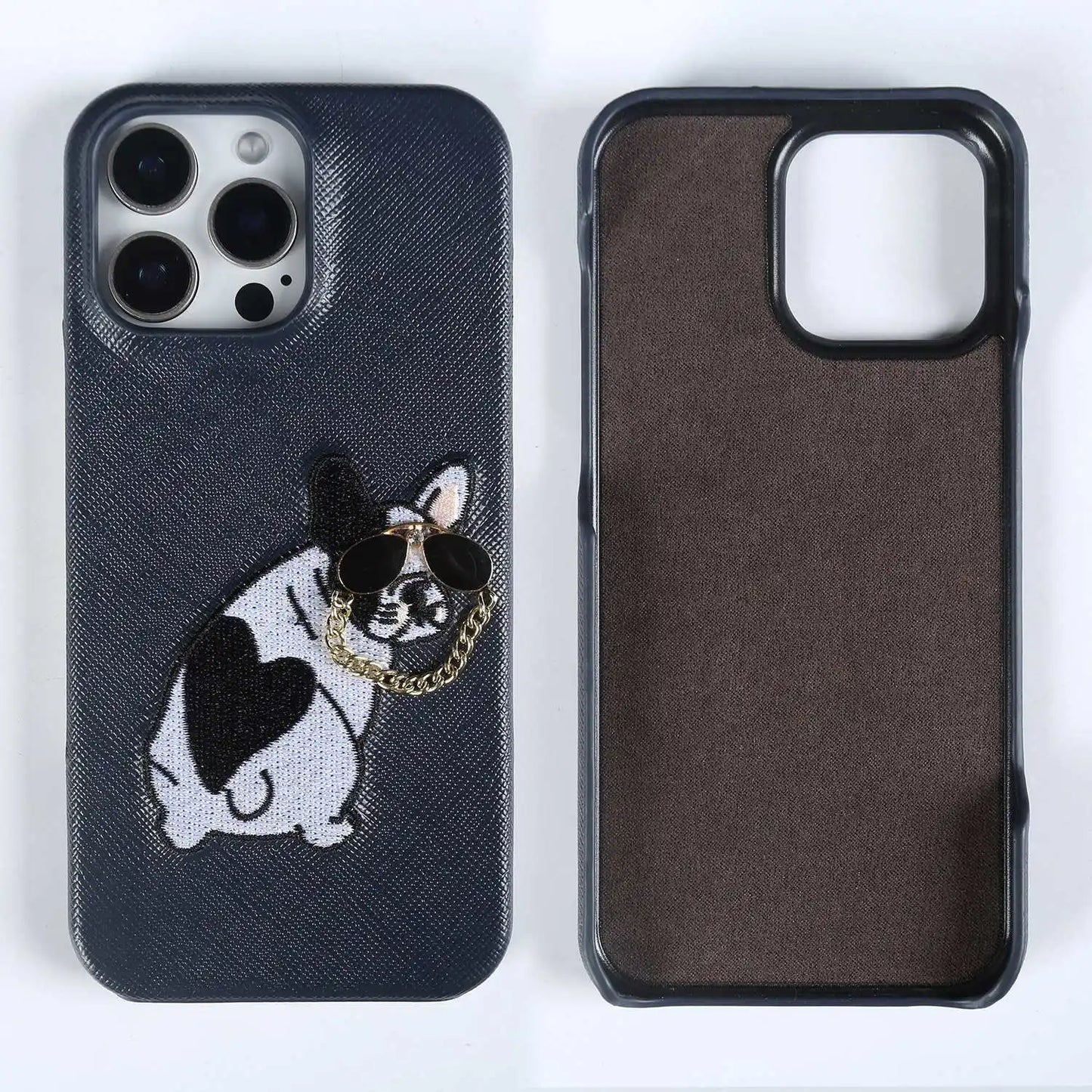 【本革シリーズ】 レザー サングラス フレンチブルドッグ 刺繍 iPhoneケース #260211