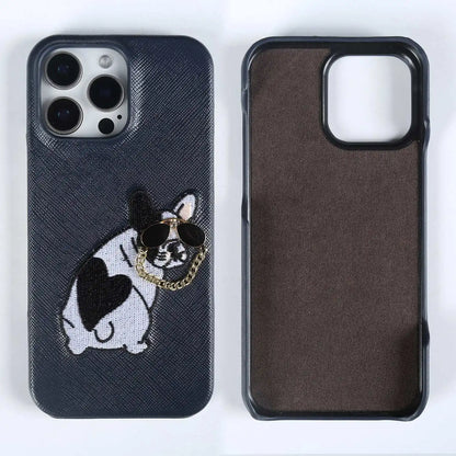 【本革シリーズ】 レザー サングラス フレンチブルドッグ 刺繍 iPhoneケース #260211