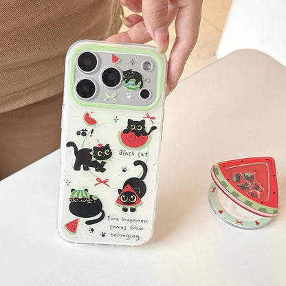 キュートな黒猫とスイカのデザイン iPhoneケース｜マグネットスタンド・ホルダー付 #260076