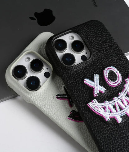 【本革シリーズ】艶なし シボ革 スマイル ステッチ レザーケース｜iPhone対応 #240901