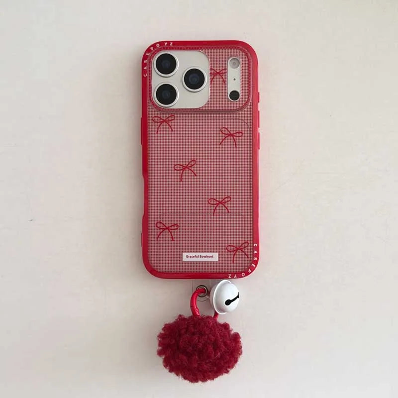 【レッドリボン・ハート】ポンポンチャーム付き スマホケース｜iPhone対応 #241020