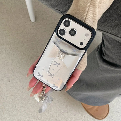 【シルバー立体リボン】ボールストラップ付き フェミニン スマホケース｜iPhone対応 #260206