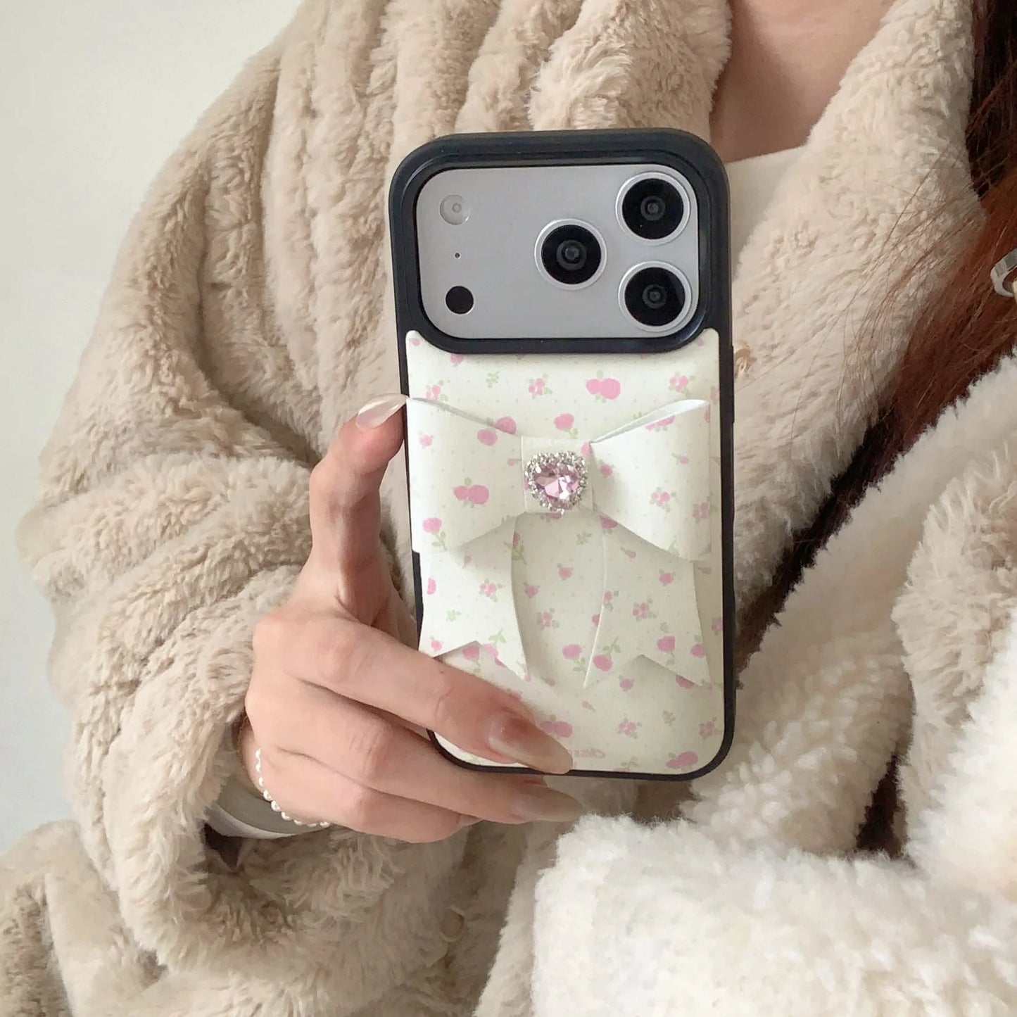 【立体リボン】ハートビジュー フラワー ソフトレザー調 小花柄 iPhoneケース #260208