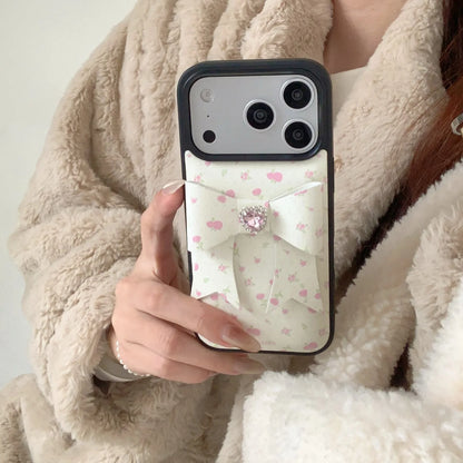 【立体リボン】ハートビジュー フラワー ソフトレザー調 小花柄 iPhoneケース #260208