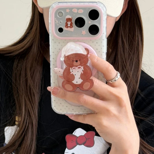 かわいいくまグリップ 星柄 クリア Magnet内蔵 iPhoneケース｜ドット柄 #260026