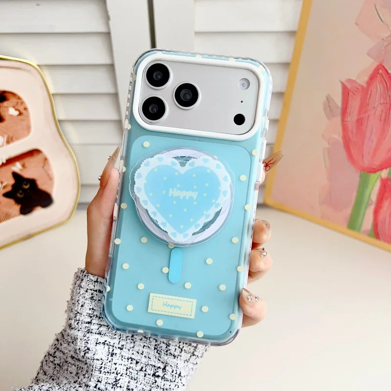 ハートグリップ ビーズストラップ付き ドット柄 韓国風 iPhoneケース #240509