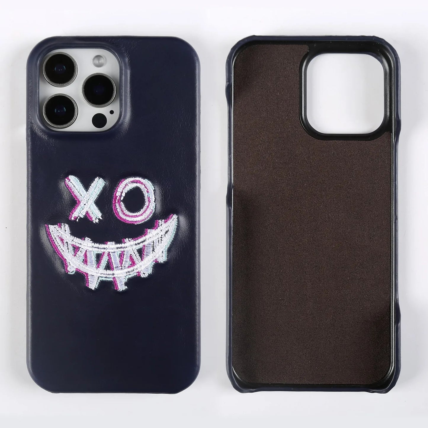 【本革シリーズ】艶あり スムースレザー スマイル ステッチケース｜iPhone対応 #240831