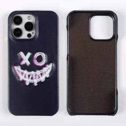 【本革シリーズ】艶あり スムースレザー スマイル ステッチケース｜iPhone対応 #240831