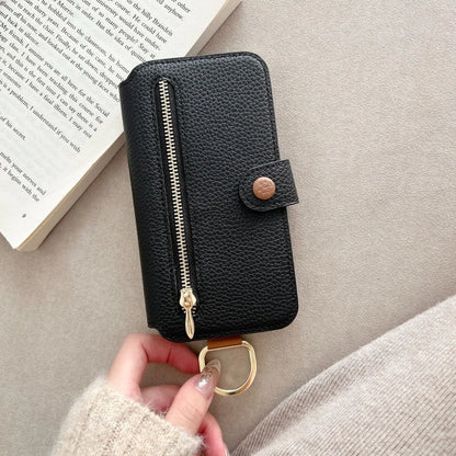 【ブックスタイル】キーリング付き レザー調 財布一体型 手帳型 iPhoneケース｜ファスナー収納・多色展開 #240128