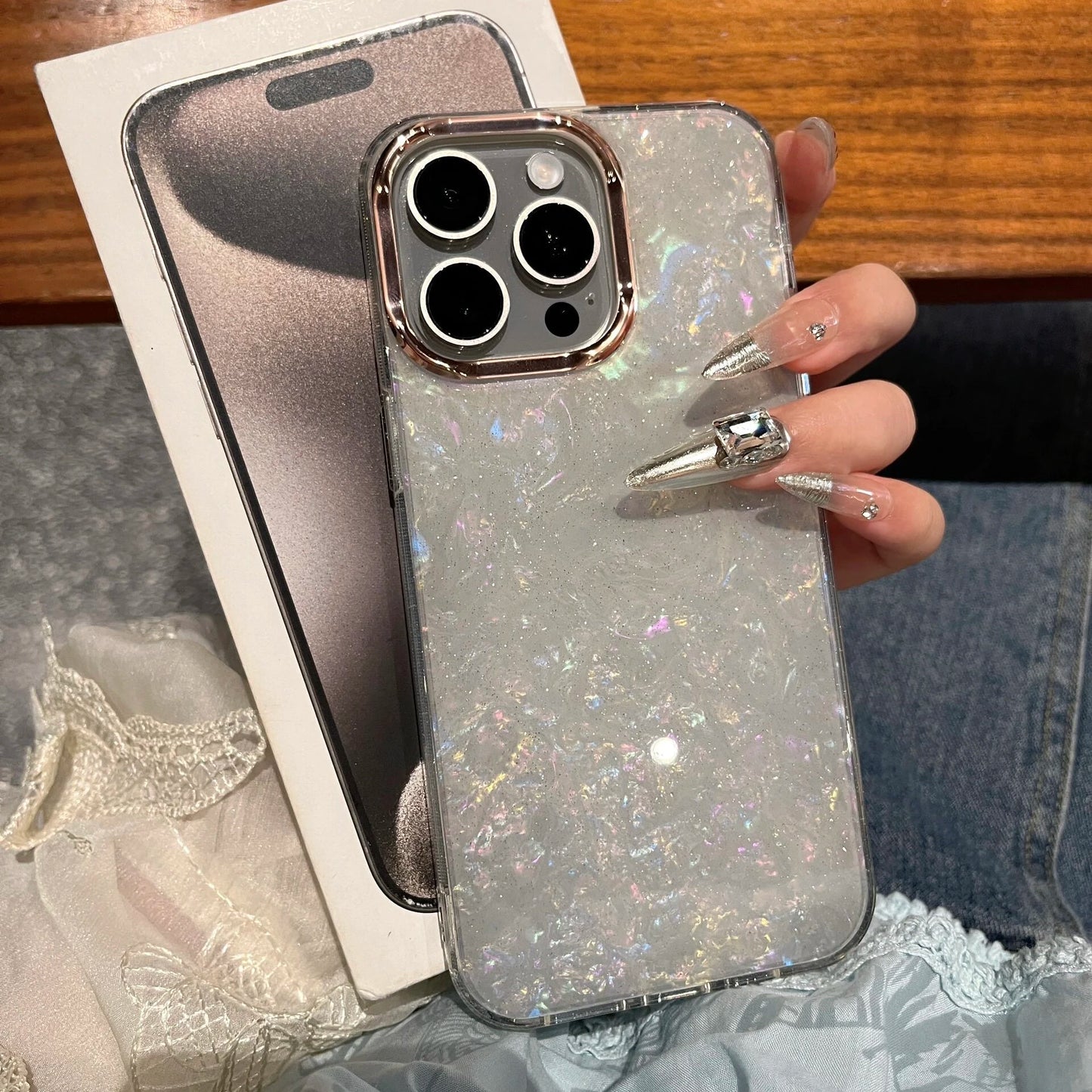 【大理石風】上品パール調 ホワイトシェル クリア iPhoneケース 高級感 キラキラ おしゃれ 耐衝撃｜iPhone対応 #250405