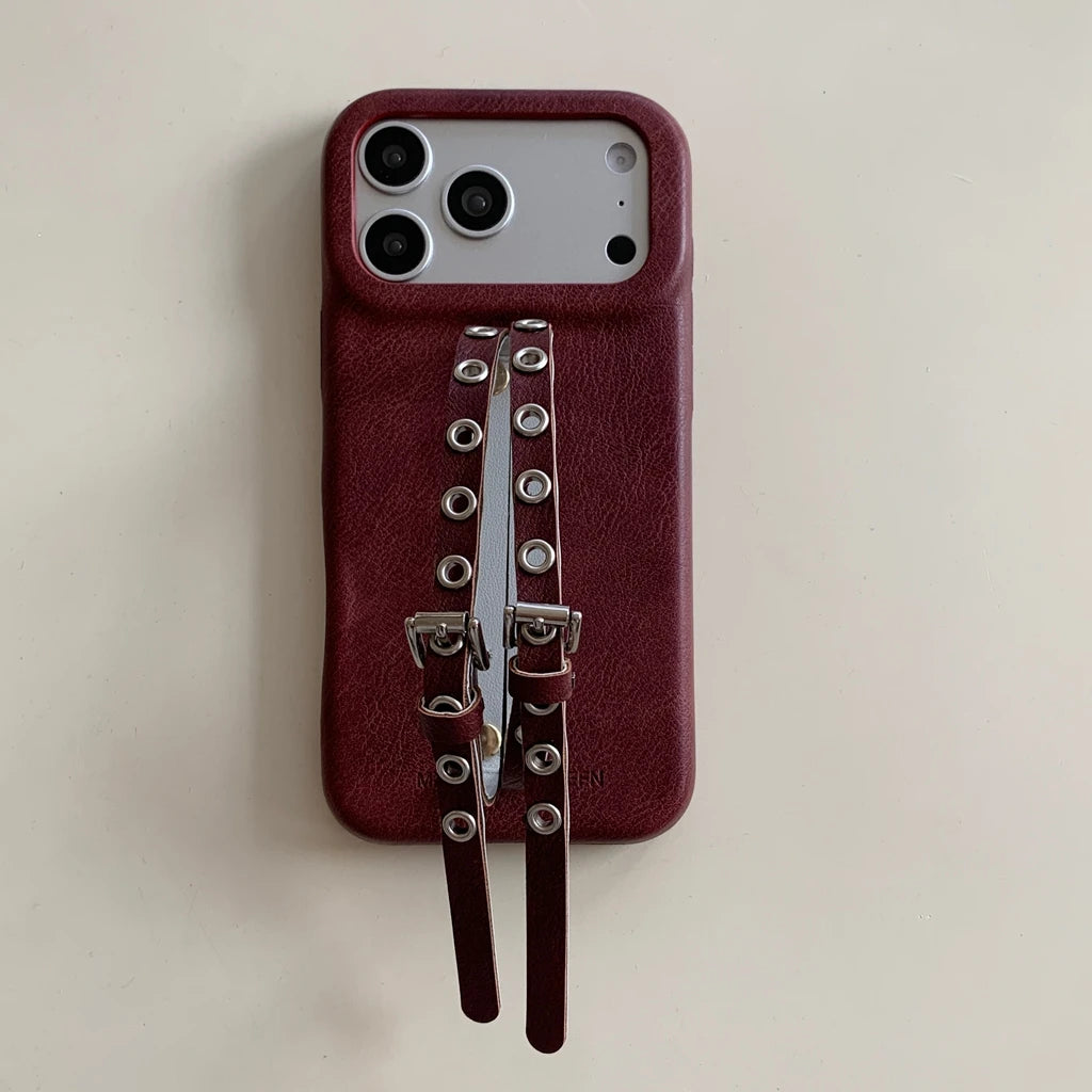 【レザーベルトデザイン】ヴィンテージ風 ダブルハンドストラップ スマホケース｜iPhone対応 #240707