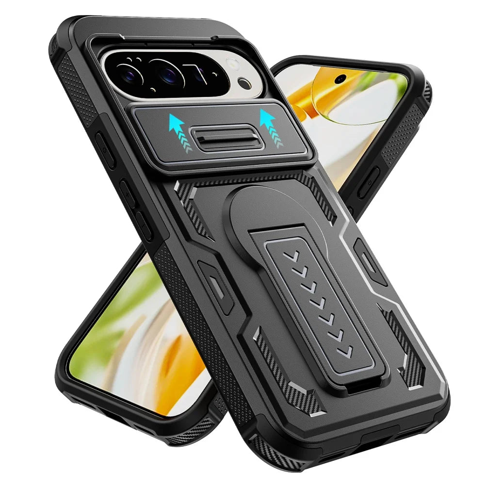 【Google Pixel対応】カーボン調 カメラスライダー付きスタンド耐衝撃ケース シンプル マット スマホケース PCA #261111