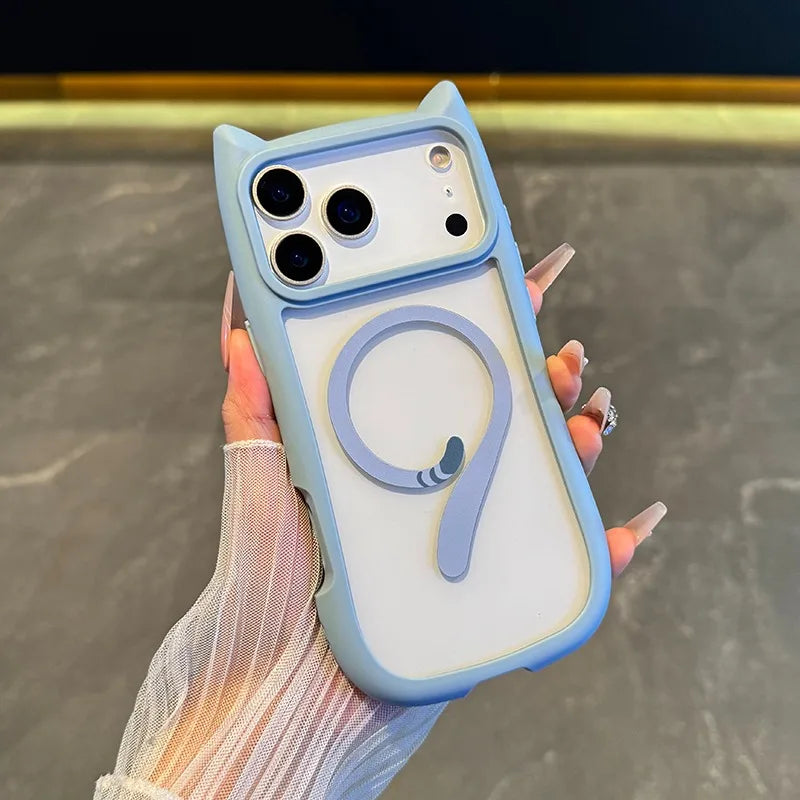 【猫耳シリーズ】Magnet内蔵 しっぽデザイン カラーフレーム iPhoneケース #240215