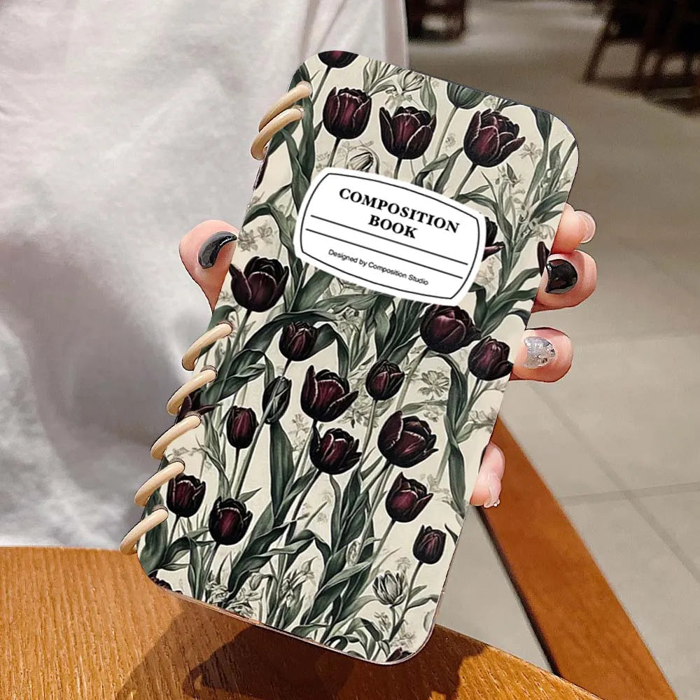 【ブックスタイル】リングノート風 フラワー チューリップデザイン 手帳型 iPhoneケース #240202