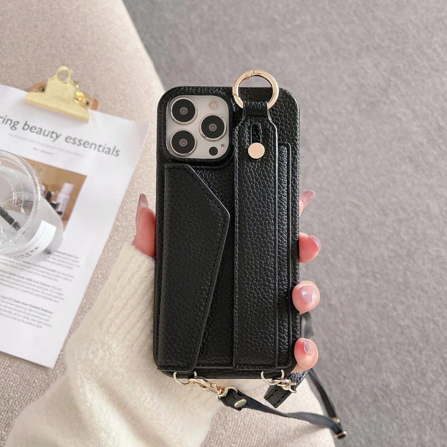 【ストラップ付き×カード収納】ウォレット レザー風 スマホケース｜iPhone対応 #250515
