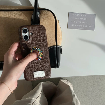 【レザー調】カラー ビーズ リング スタンド付き スマホケース｜iPhone対応 #250421