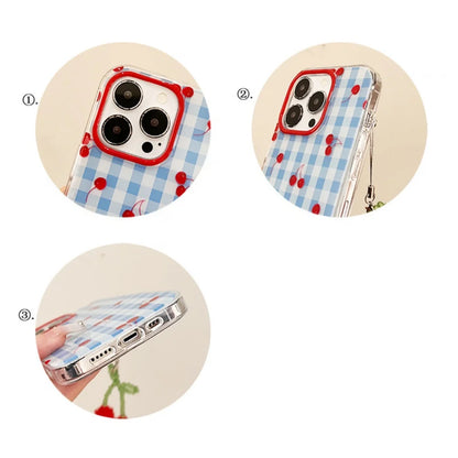 【フルーツシリーズ】ギンガムチェック＆チェリー柄 クリアスマホケース｜iPhone対応 #250929