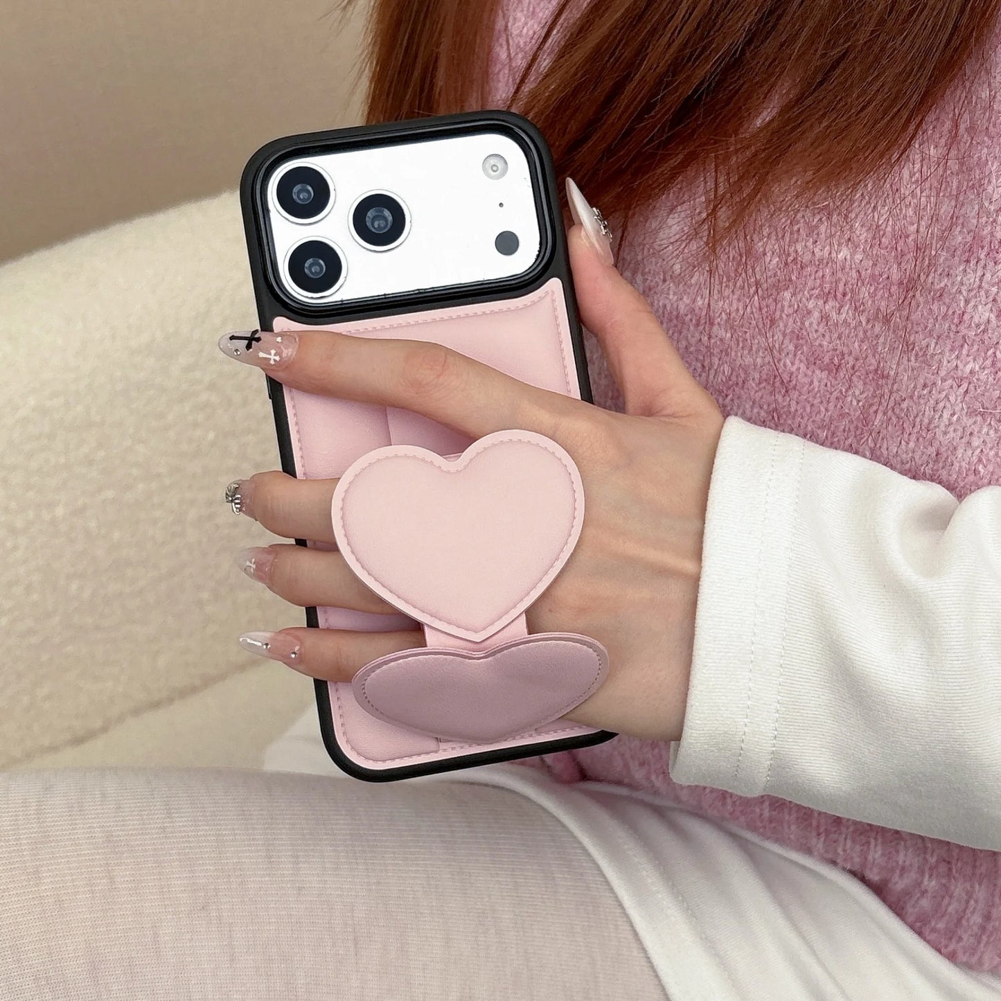 ダブルハート レザー調 スタンド iPhoneケース #260214