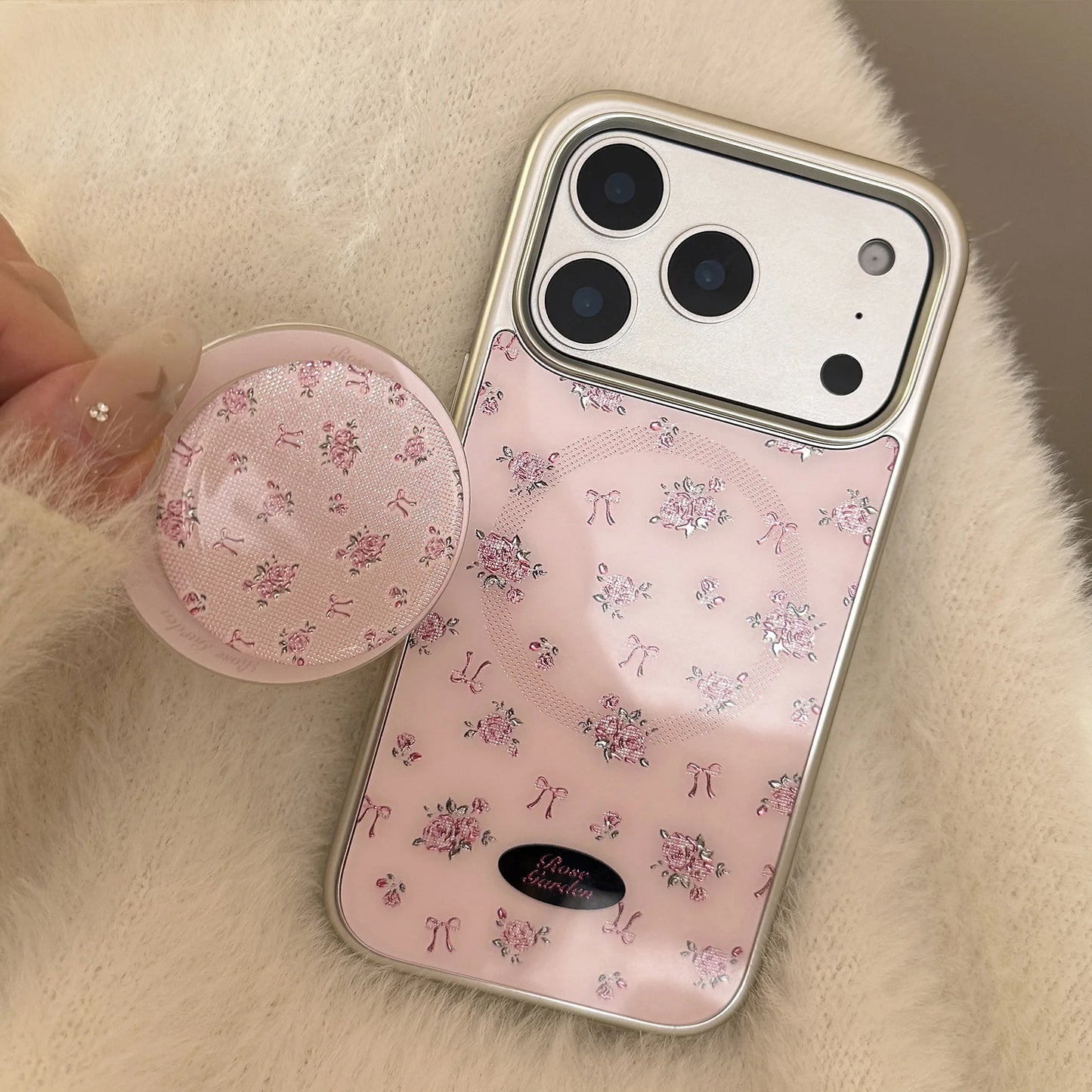 ヴィンテージフラワー Magnet内蔵 iPhoneケース｜小花柄ピンク・マグネットグリップ #240427