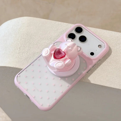 立体ビジューベア ドット柄グリップ付きiPhoneケース｜ガーリー・韓国風・くま #261051