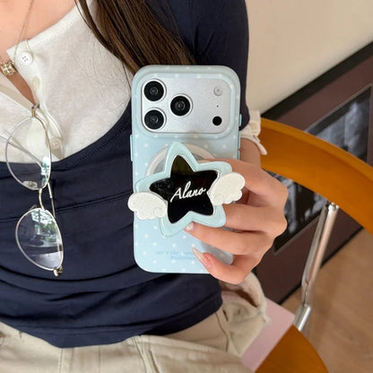 羽根つきスター ミラーグリップ 水玉×ブルー Magnet内蔵 iPhoneケース｜淡色ゆめかわ・韓国っぽ #260017