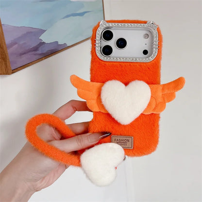 【もこもこエンジェル】ハート × 羽モチーフ ふわふわラブリーケース｜iPhone対応 #240910