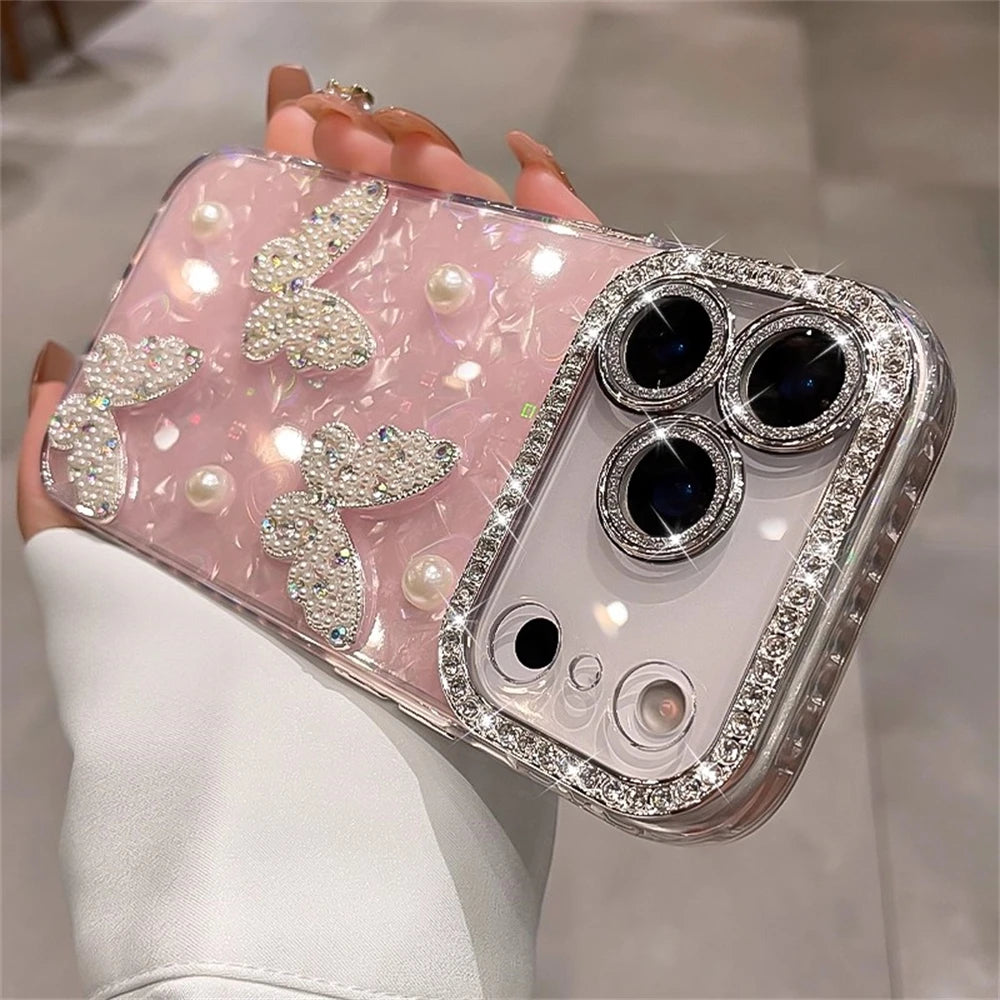 【ジュエリーバタフライ】キラキラ 蝶モチーフ×パール デコレーション スマホケース｜iPhone対応 #250424