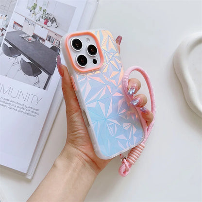 【キラキラシリーズ】幾何学模様 ホログラムデザイン ストラップ付きスマホケース｜iPhone対応 #251012