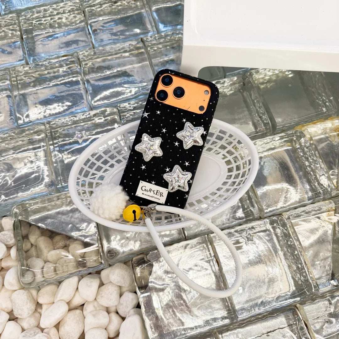 3Dシルバースター もこもこストラップ付き iPhoneケース｜星空グリッター・韓国ガーリー #260002