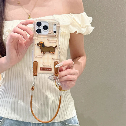 【ミニチュアダックス】刺繍ワッペン × クリアギンガムチェック レザー風 ストラップ付き スマホケース｜iPhone対応  #241221