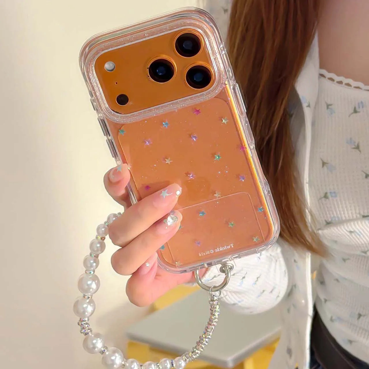 【トゥインクルスター】ラメ×スターシェル パールストラップ付き スマホケース｜iPhone対応 #250225