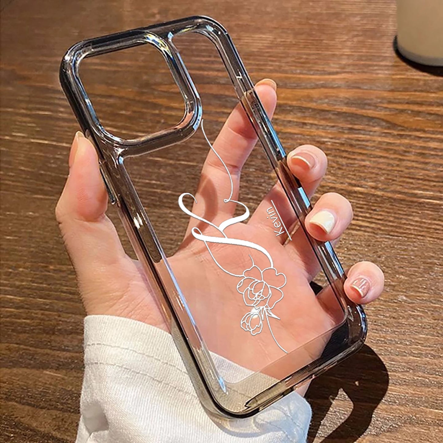 【カスタムシリーズ】ローズ イニシャル クリア iPhoneケース｜筆記体・名入れ対応 #260219