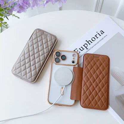 キルティング レザー調 手帳型 iPhoneケース｜クリアケース・マグネット内蔵 #240305