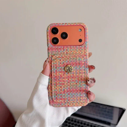 【ツイード調 】iPhoneケース カメリアボタン カードポケット付き｜上品エレガント・高見え #260012