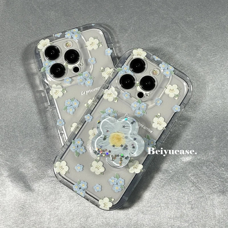 【クリアフラワーグリップ】立体フラワー付き 透明スマホケース｜iPhone対応