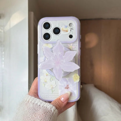 フラワーモチーフ パープル ゆり Magnet内蔵 立体グリップ付き iPhoneケース #231125