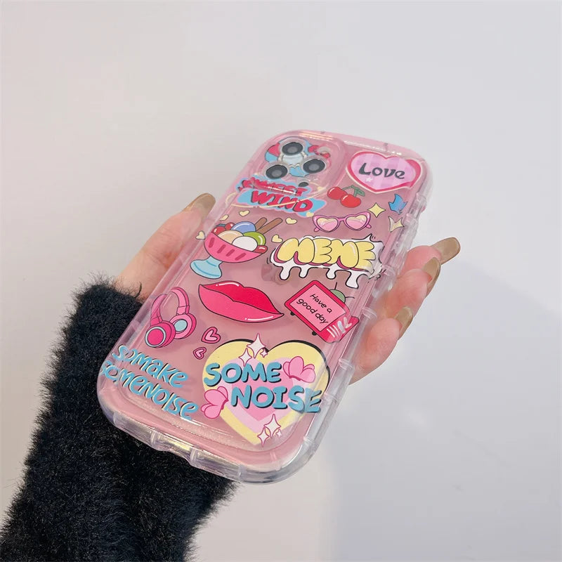 【ポップキュート Y2K】ステッカー風 デザイン ピンククリアケース｜iPhone対応 #250713