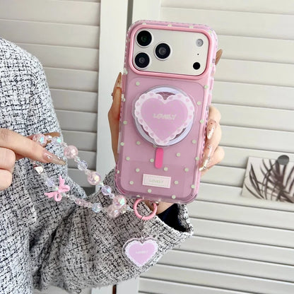 ハートグリップ ビーズストラップ付き ドット柄 韓国風 iPhoneケース #240509