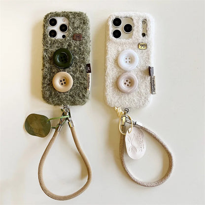 【もこもこファーボタン】 ストラップ付き ニット スマホケース｜iPhone対応 #250202