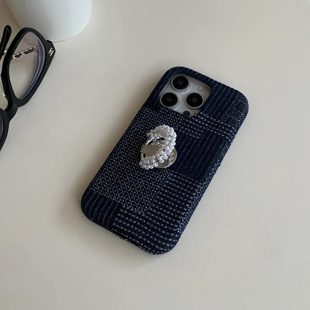 【デニムパール】ヴィンテージ デニム調 パール ビーズリング スタンド スマホケース｜iPhone対応 #250420