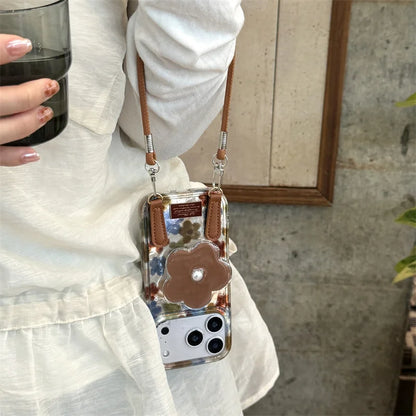 【フラワーパールスタンド】マーブル調×花柄 レザーチャーム付き スマホケース｜iPhone対応 #250312