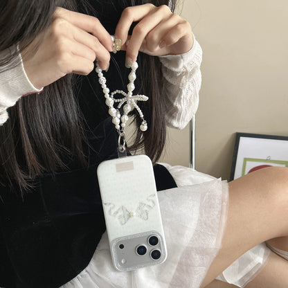 【ホワイトガーリー】パール リボン ビジュー ハート  スマホケース｜iPhone対応 #241002