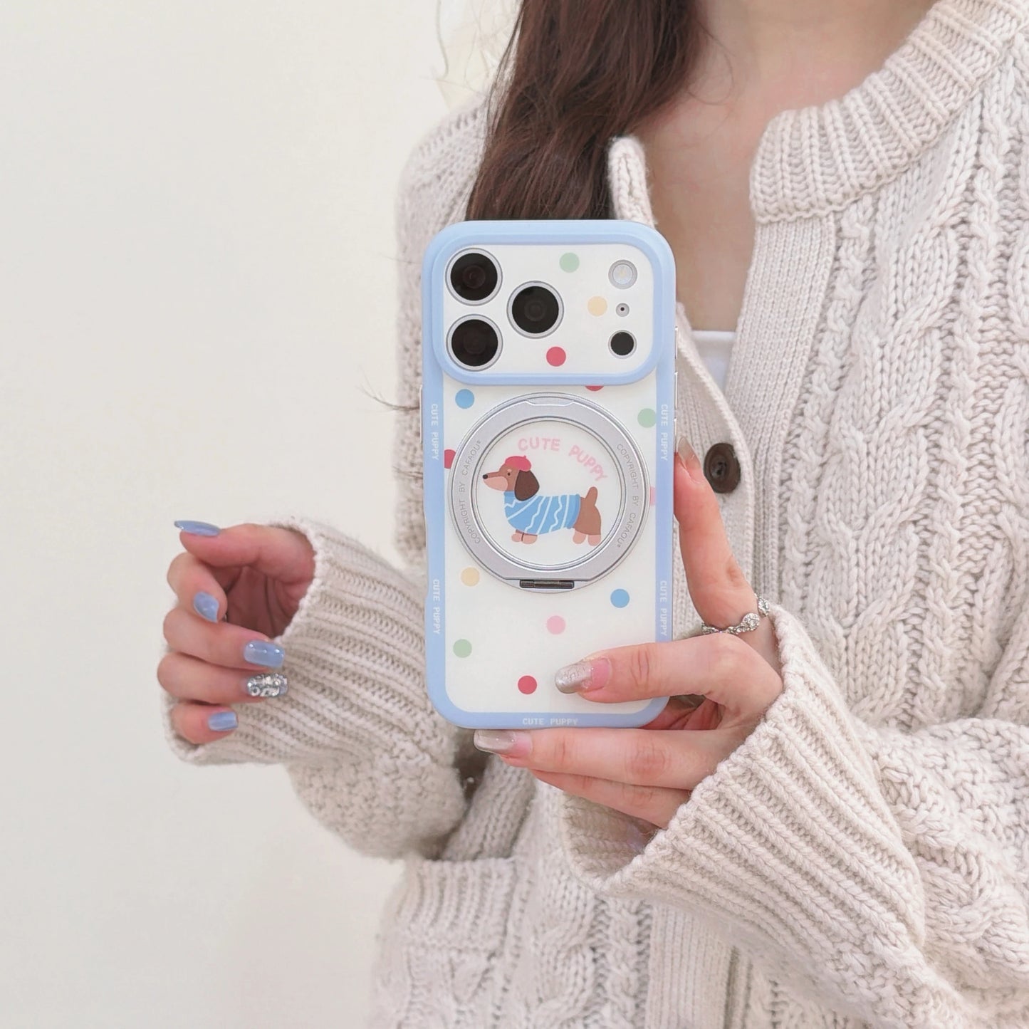 カラフルドット 水玉 ミニチュアダックス 360度回転 リングスタンド付き iPhoneケース #231209
