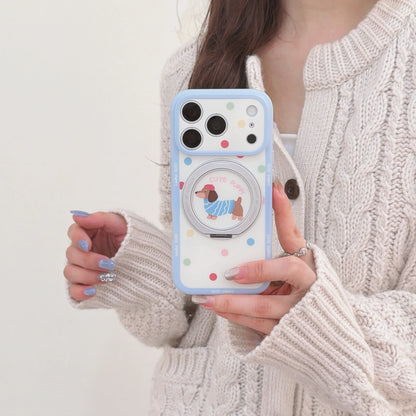 カラフルドット 水玉 ミニチュアダックス 360度回転 リングスタンド付き iPhoneケース #231209