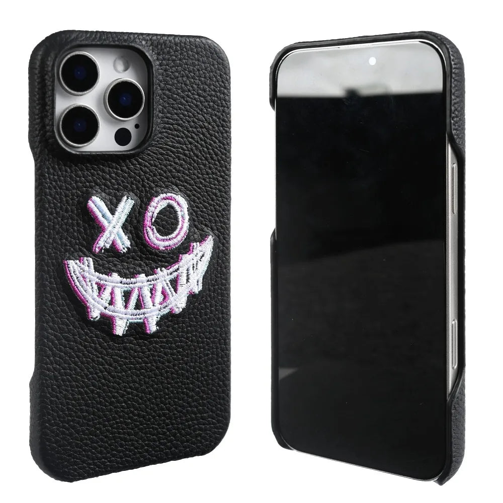 【本革シリーズ】艶なし シボ革 スマイル ステッチ レザーケース｜iPhone対応 #240901